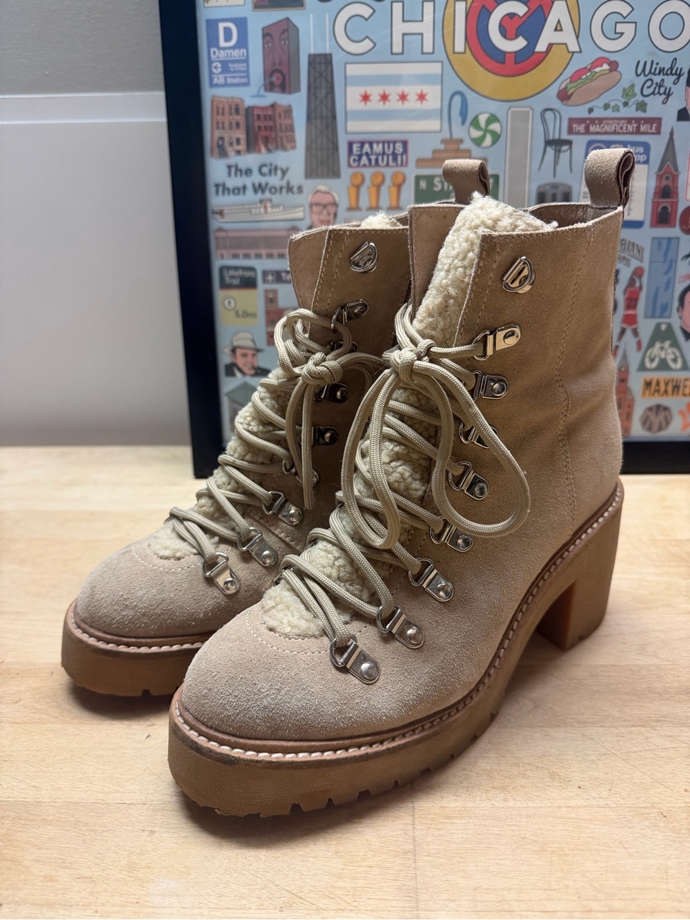 Women’s Tan Suede Shearling Lace-Up Block Heel Boots 8